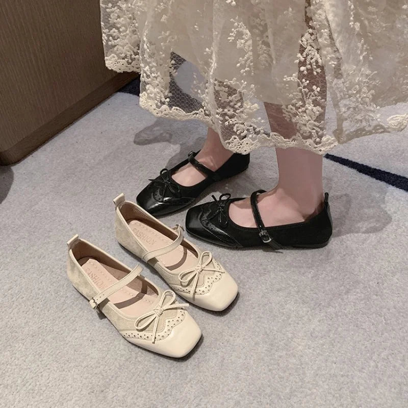 New Spring and Autumn Vintage Square-Toed Flat Mary Jane Shoes for Women, Versatile Bowknot Shallow-Soled Women's Shoes
