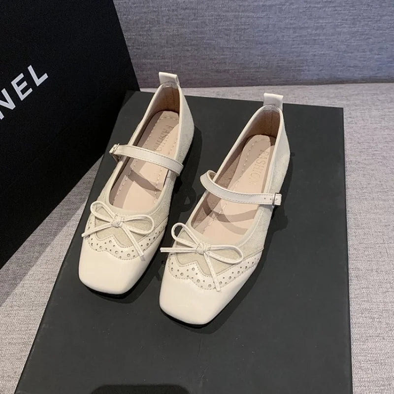 New Spring and Autumn Vintage Square-Toed Flat Mary Jane Shoes for Women, Versatile Bowknot Shallow-Soled Women's Shoes